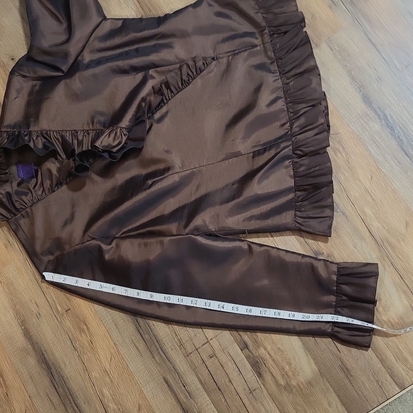 VINTAGE METAPHOR Brown Poly/Nylon Acetate Wrap V-neck Ruffle Blouse - Picture 16 of 16